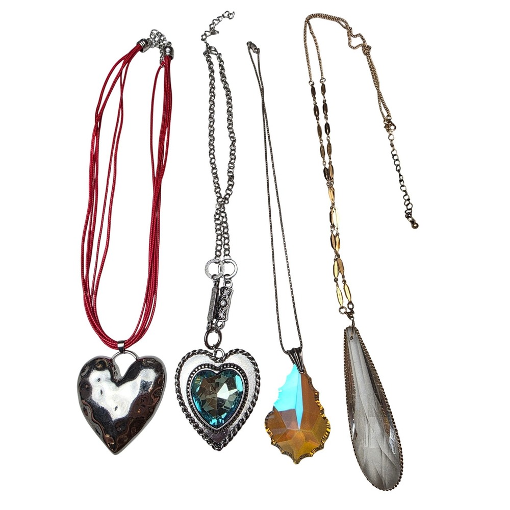 Lot of 4 Statement Necklaces Crystal Heart Teardrop Pendants Silver Gold Tone K2